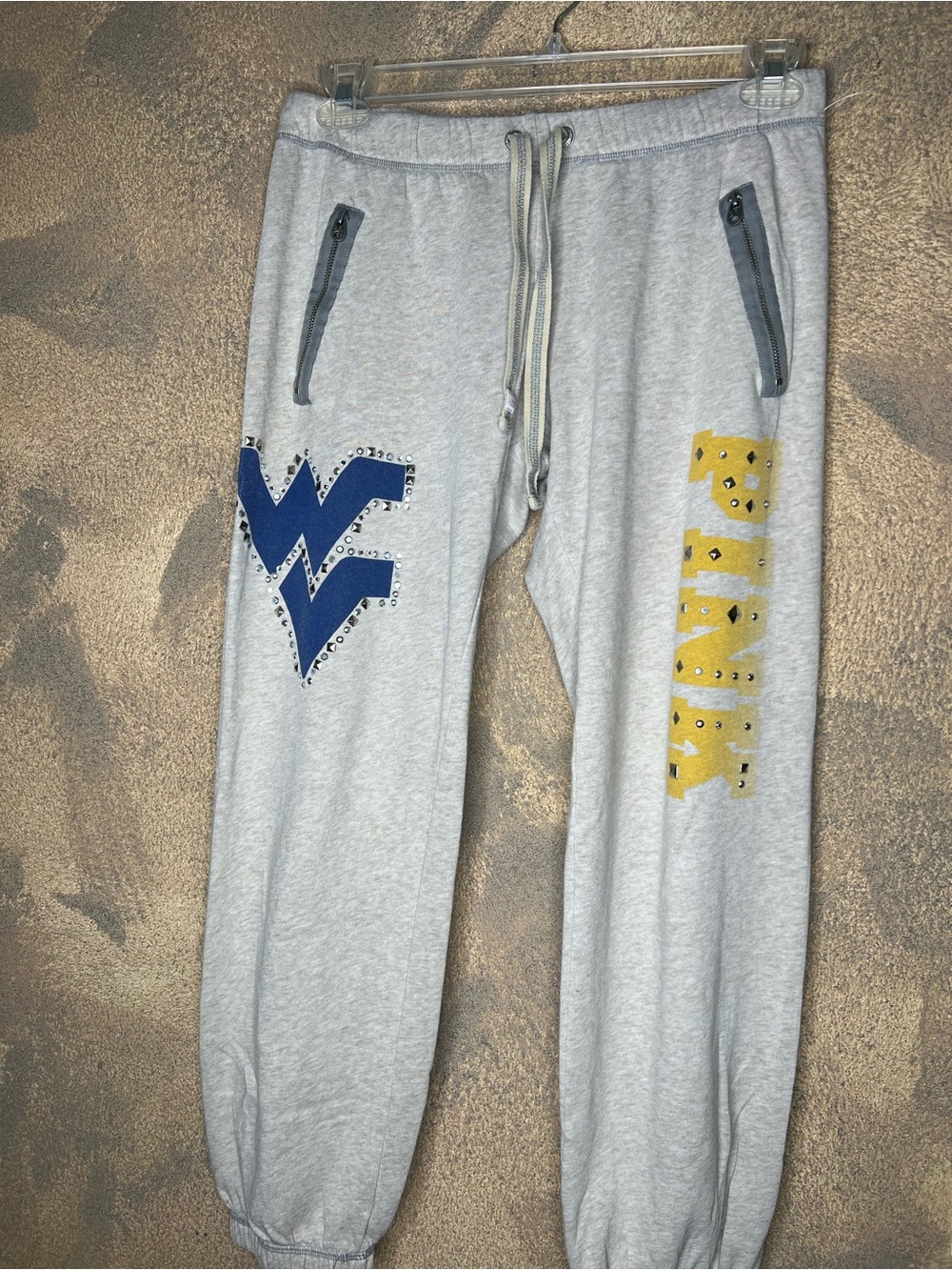 PINK Victoria's Secret Light Gray Joggers with Blue & Yellow Accents
